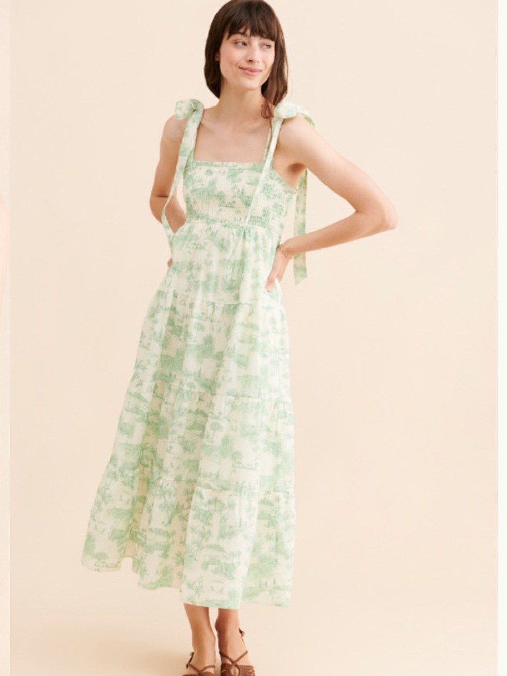Kivari Chloe Tie Strap Dress Smocked Tie-Shoulder Midi Dress in Mint Palm Tree
